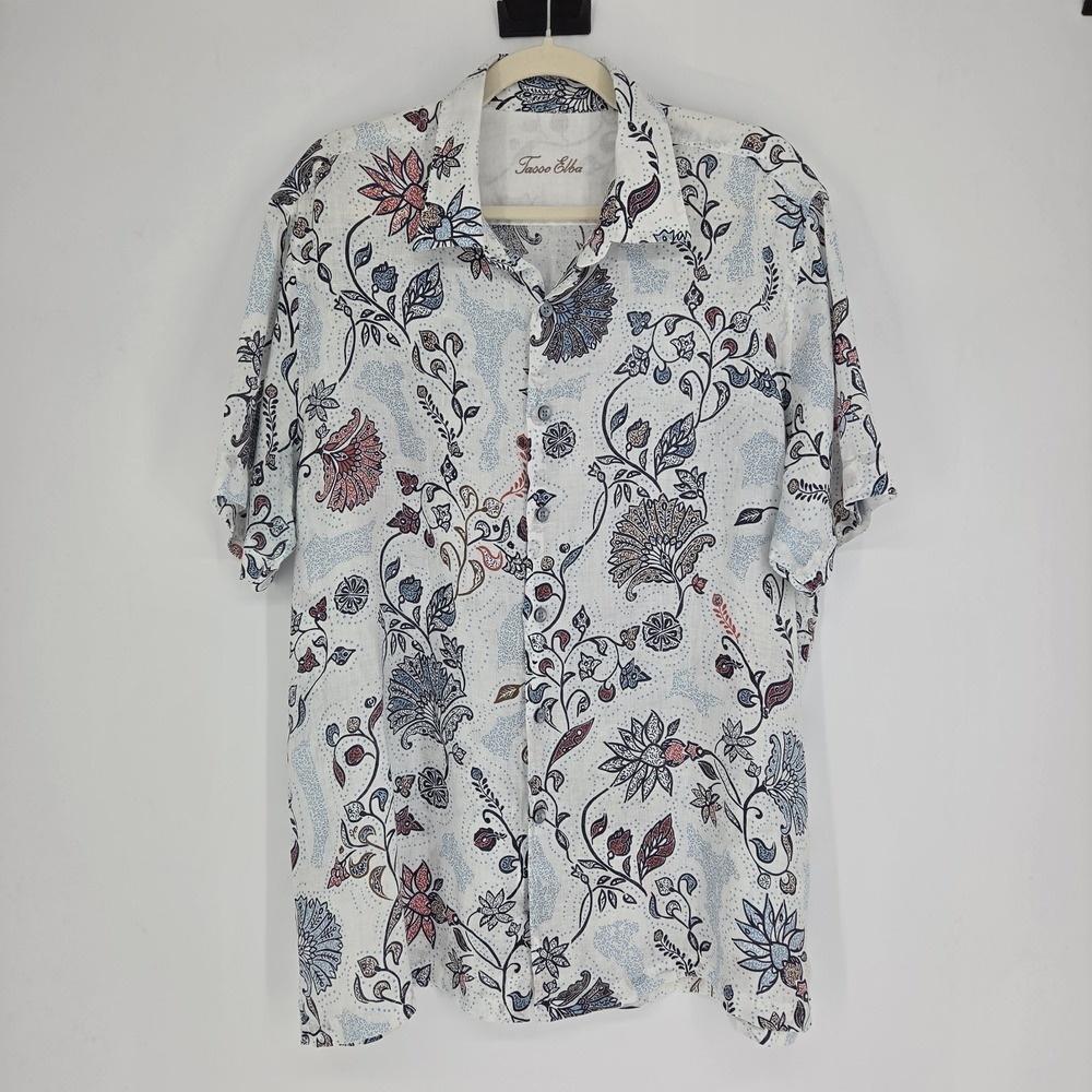 Tasso Elba Mens 100% Linen Shirt XL Summer Resort Cottagecore Beachy Tropical